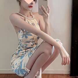 高档新中式连衣裙气珠夏季新款显瘦高腰包臀裙中长裙纯欲风连衣裙