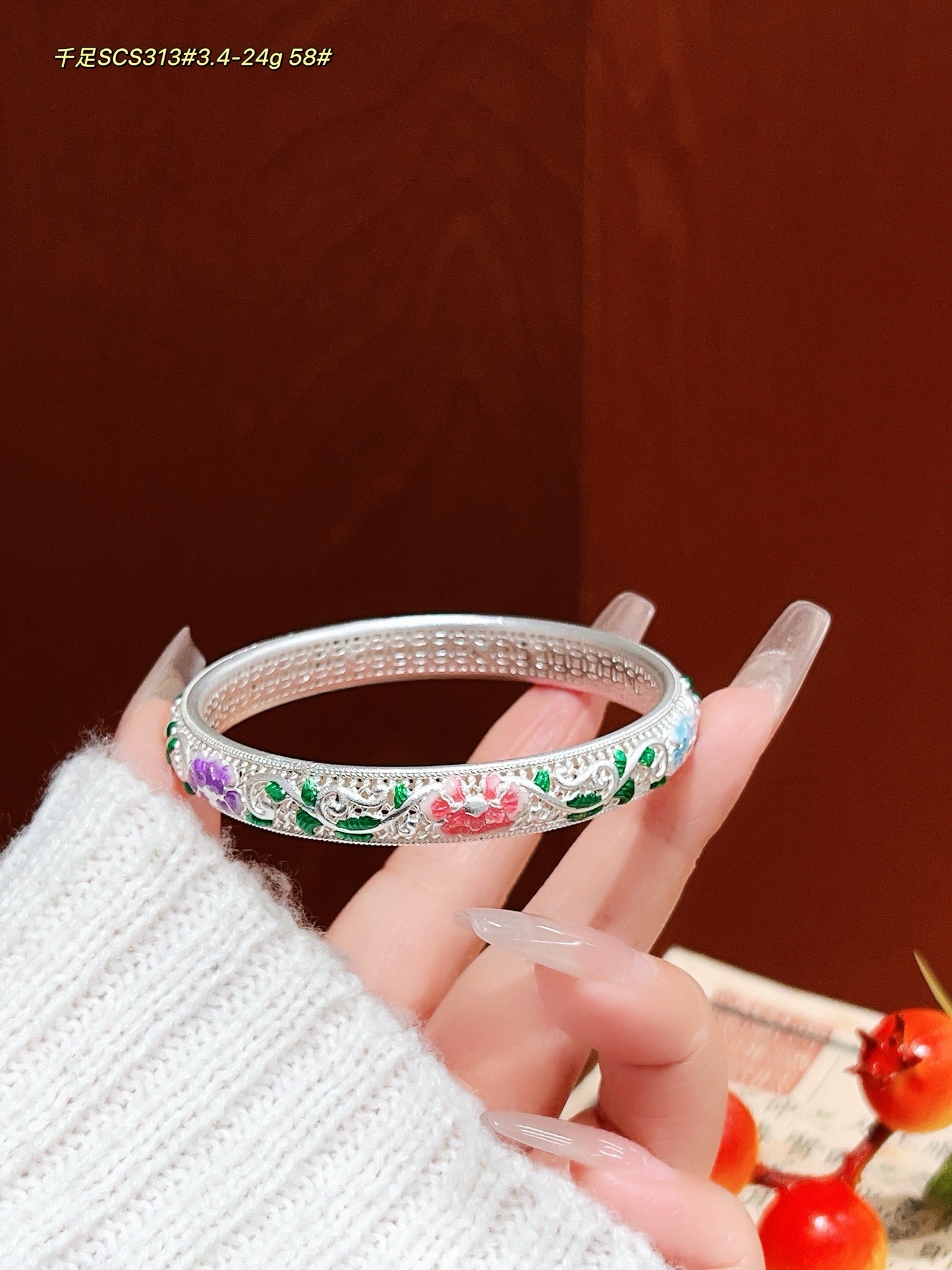 Pulsera de plata esterlina con sección de bambú de esmalte esmerilado antiguo 999 plata pura nueva pulsera de plata retro estilo madre regalo