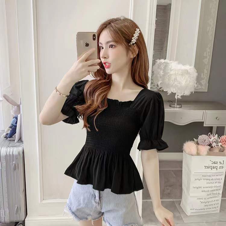夏の新しいデザインバブル半袖ニッチトップミントワンショルダー甘い花柄シフォンシャツ女性用|undefined