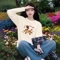 纯棉长袖t恤女 杏色春秋新款创意印花宽松半袖设计感简约百搭上衣