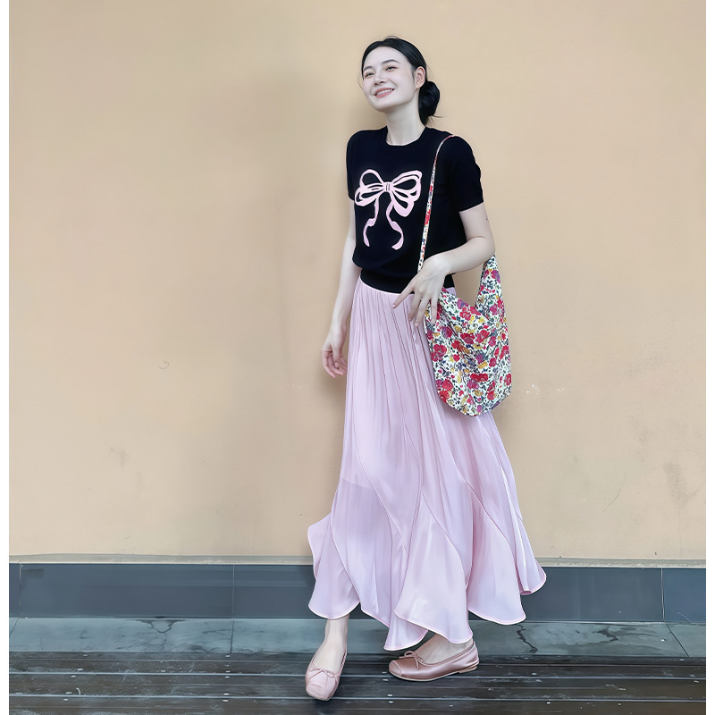 韓国風ブラックリボンラウンドネック半袖Tシャツレディース2025夏ハイウエストスリムAラインスカート2点セット|undefined