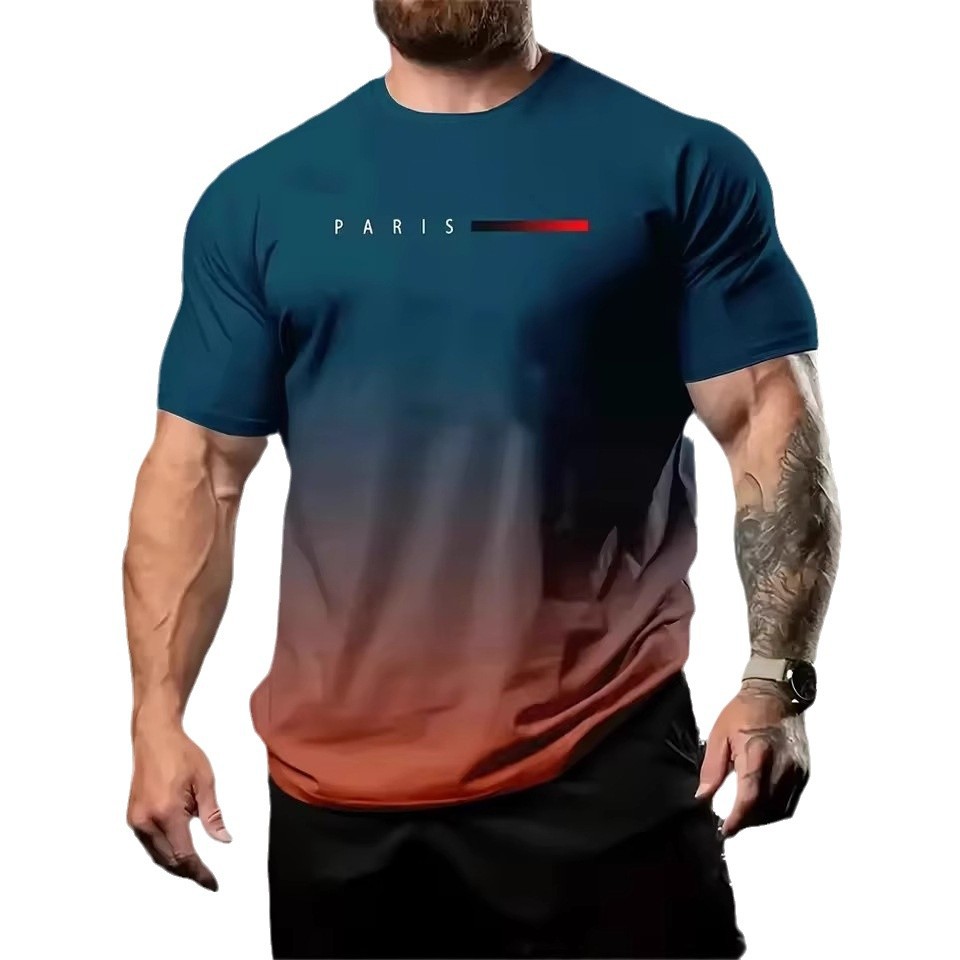 2024 venta caliente lema de color degradado impresión 3D de los hombres verano suelto y transpirable de manga corta con cuello redondo camiseta