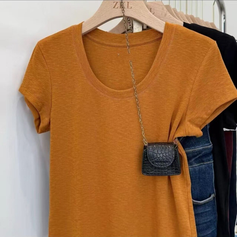 Summer Bamboo Cotton Raglan Collar Trendy U-Neck Simple Versatile Short-Sleeve T-Shirt for Women, Elegant Slim-Fit Versatile Top