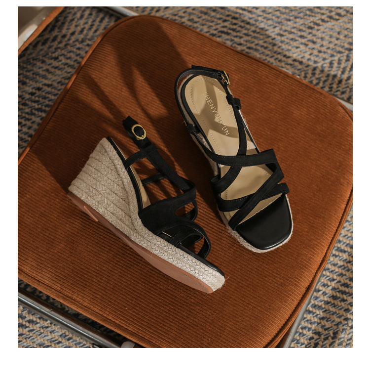 Sandal cao gót nữ hở mũi đế xuồng bọc dây thừng MJ90111 — màu đen chi tiết 23