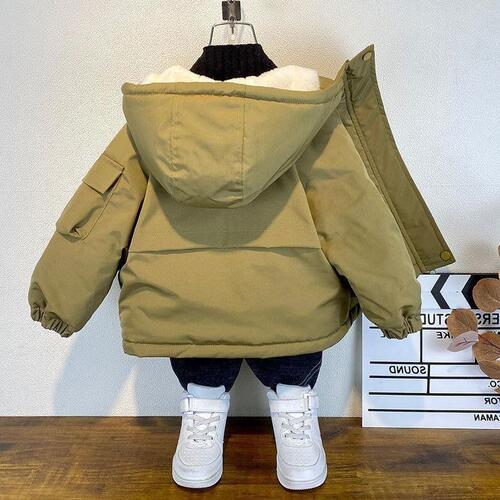 Boys' Fleece-lined Warm Hooded Coat for Autumn/Winter, Thick Cotton Padded Jacket, Stylish and Trendy for Older Kids and Toddlers, Outerwear