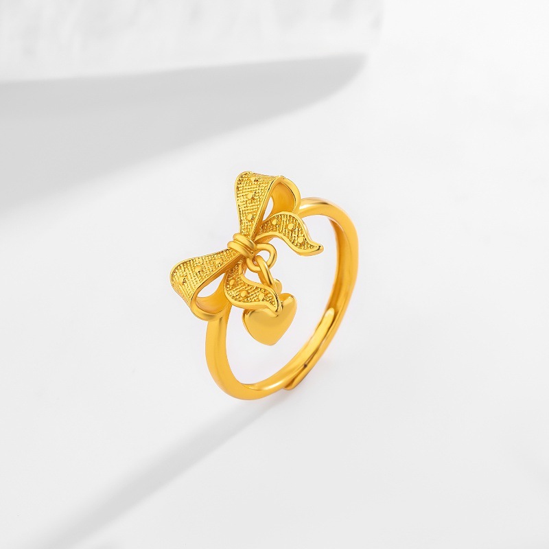 在逃公主蝴蝶結戒指女可愛甜美2024新款蝴蝶愛心古法沙金活口指環