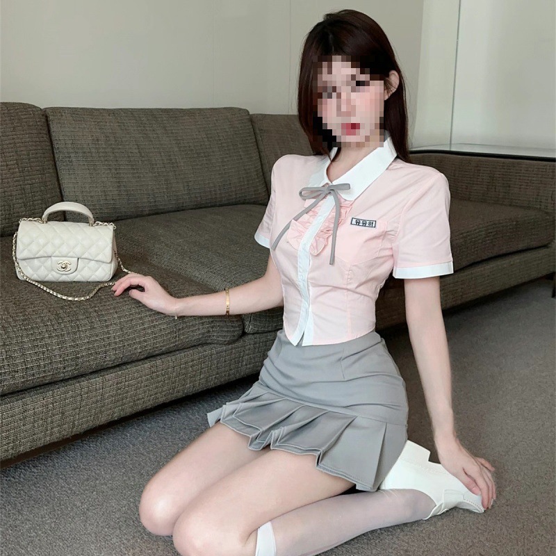 Single/Two-Piece Korean Jk Uniform, Preppy Style Suit for Women, Sweet Pink Shirt, Gray Pleated Skirt