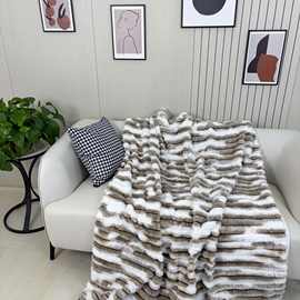 亚马逊抽条兔毛兔绒扎染双层毛毯温暖简约大方盖毯床毯柔软舒适