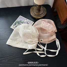 春夏新款法式花朵刺绣蕾丝薄款系绳头巾包头帽子透气百搭萝莉帽