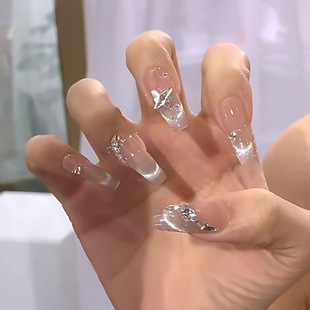 Cat-Eye Handmade Butterfly Press-On Nails with Rhinestones, Long French-Style Fake Nails with Ice-Transparent Design