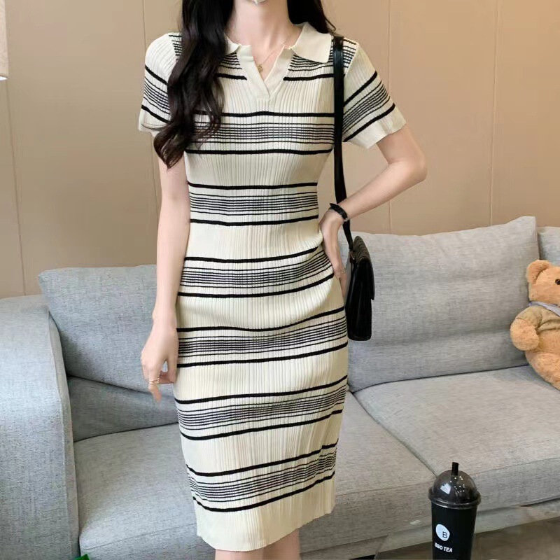 Striped Lapel Short-sleeved Knitted dress Women's Summer Korean-style Sweet Cute Slimming Waist Elegant Mid-length Dress for Women Striped Lapel Short-sleeved Knitted dress Women's Summer Korean-style Sweet Cute Slimming Waist Elegant Mid-length Dress for Women