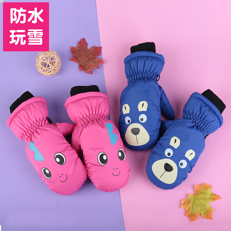 Guantes de nieve infantiles con dedos juntos – De algodón grueso, impermeables, diseño de dibujos animados