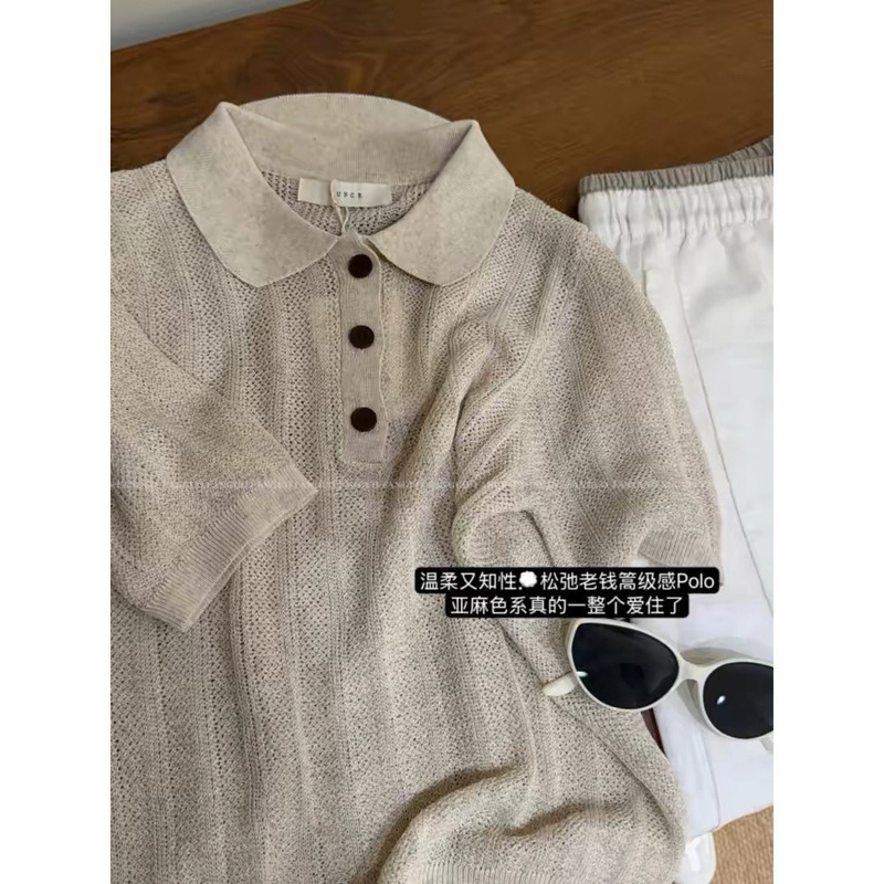 Oucne Oatmeal Cheese Linen and Cotton Yarn High-End Old Money Style Polo Collar Knit Shirt with Regular Shoulders and Short Sleeves for Women