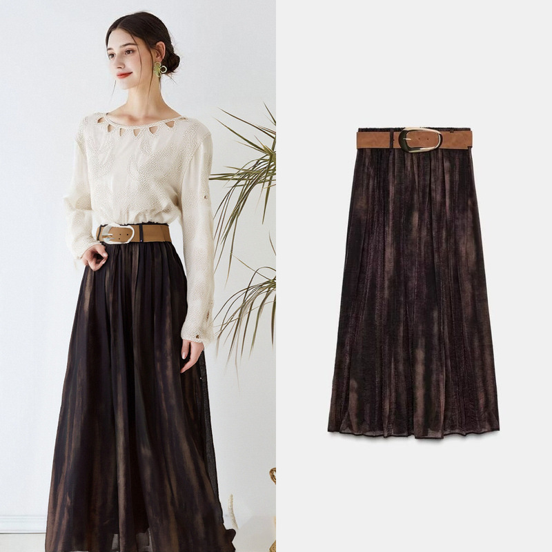 Za Cross-Border Export Spot European and American Style Women's Summer New Fashion Versatile Fuzzy Printed Belt Midi Skirt