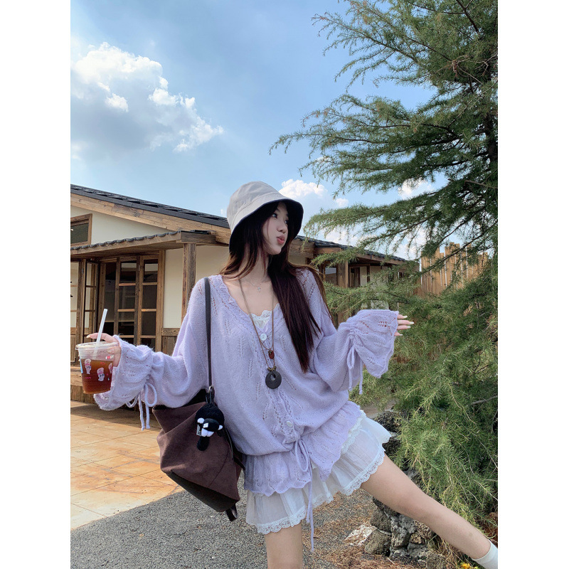 秋季新款温柔甜辣妹抽绳钩花毛衣+花边吊带上衣套装女|undefined