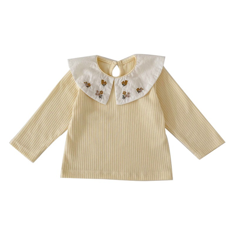 Ins2024 bebé niña delgada camisa de fondo de algodón bordado collar muñeca camisa infantil de manga larga Camiseta interior superior