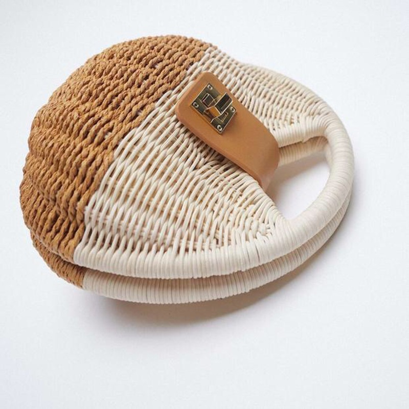 Double Shoulder Straps Strap Type Straw Bag Bags Type Holiday, Travel Occasion Women's Small Straw Color Block Vacation Beach Weave Lock Clasp Straw Bag