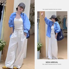 夏季流行超好看穿搭女时尚宽松衬衫外套吊带打底显瘦长裤三件套装