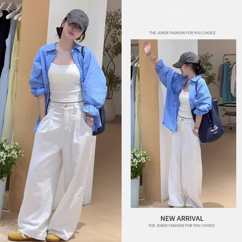 夏季流行超好看穿搭女时尚宽松衬衫外套吊带打底显瘦长裤三件套装