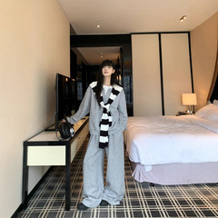实拍 休闲运动套装女灰色卫衣宽松显瘦休闲裤条纹针织披肩三件套