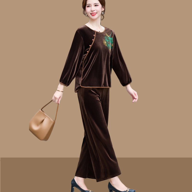 新款中老年女装两件套妈妈秋装时尚金丝绒套装宽松中国风|undefined