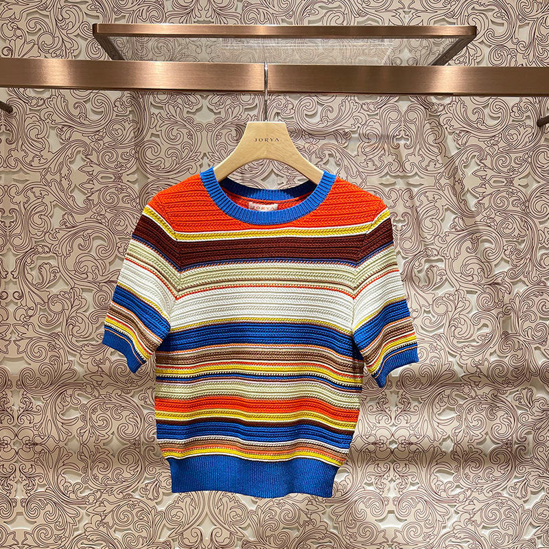 Rainbow Striped Thin Sweater 2023 Summer Short-sleeved Round Neck Contrast Color Loose Slimming Age-reducing Top P125504E Rainbow Striped Thin Sweater 2023 Summer Short-sleeved Round Neck Contrast Color Loose Slimming Age-reducing Top P125504E