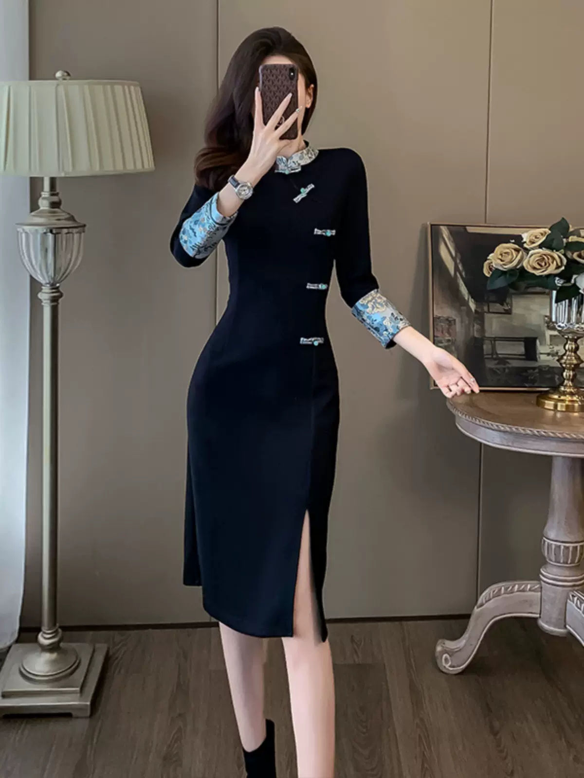 新中式国风黑色旗袍连衣裙女感秋冬季2025新款名媛小黑裙
