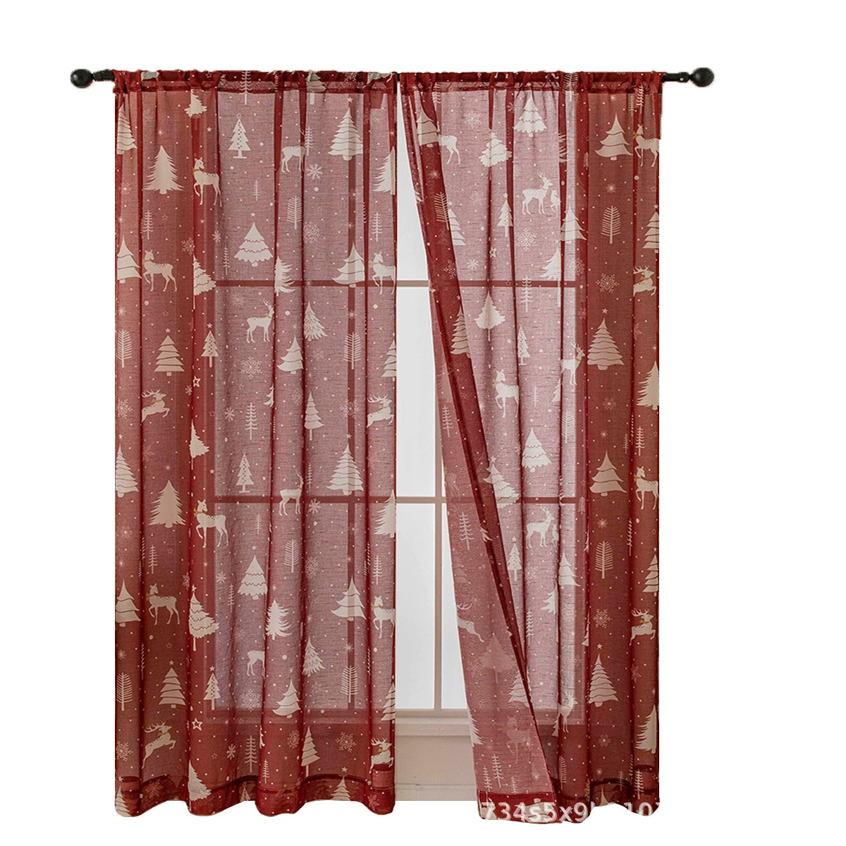 Cross-border exclusive Christmas sheer curtain with printed red Christmas curtain for living room and bedroom, hanging on rod