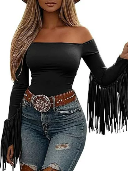 Amazon Cross-Border Women's Tassel Top Western Cowboy Off-Shoulder Long Sleeve Retro Stretch Tight T-Shirt Top