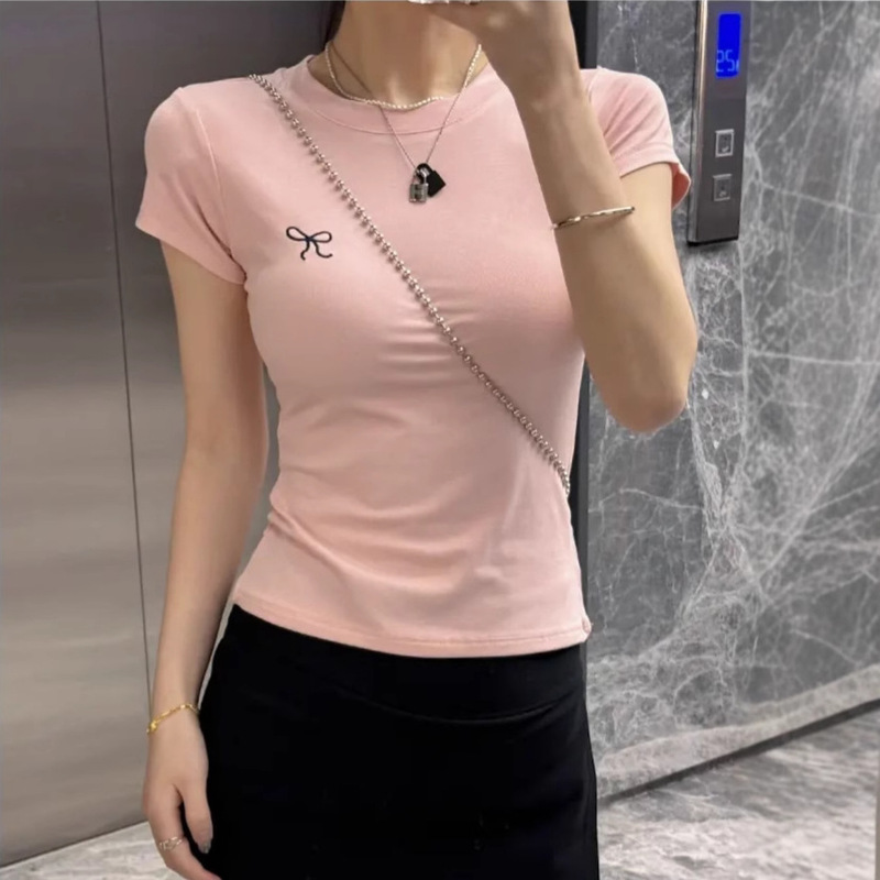 Ins Pure Desire Embroidery Summer Slim Short-Sleeved T-Shirt for Women Korean Style Bow Round Neck Contrasting Color Bottoming Top for Women Wholesale