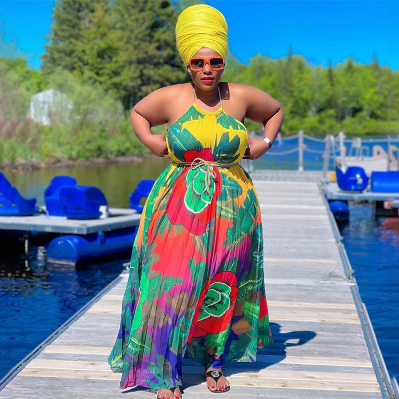 Women's Clothing ins women's clothing Summer fashion pleated straps printed backless large size large swing skirt_voghion.com