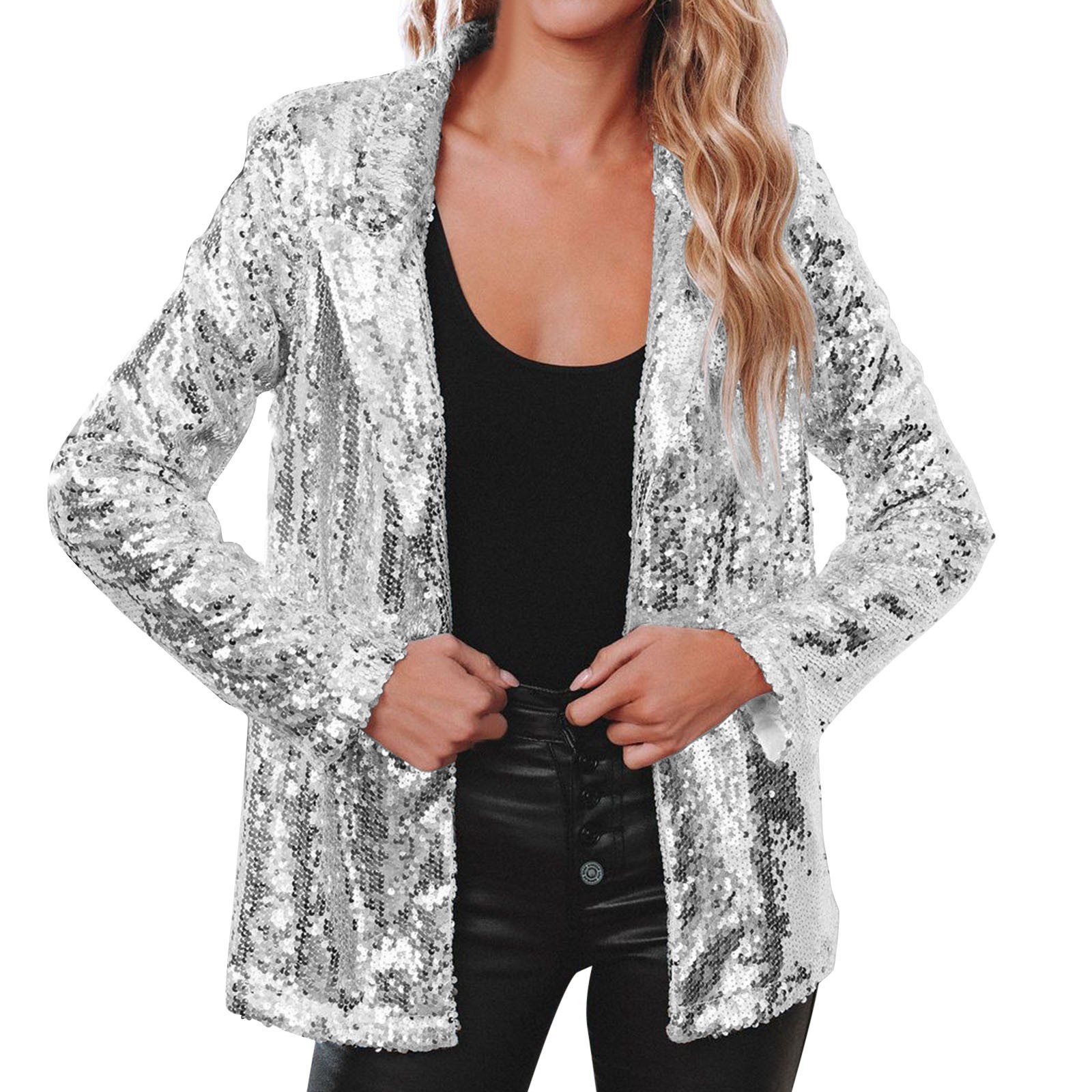 Spring Casual Sequined Top, Multi-Color Sequined Long-Sleeved Stylish Suit Jacket, Ins_voghion.com