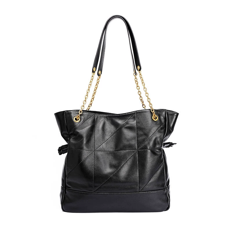 Fashionable capacious shopping bag, one-shoulder bag with diamond pattern, genuine leather, casual style, chain bag