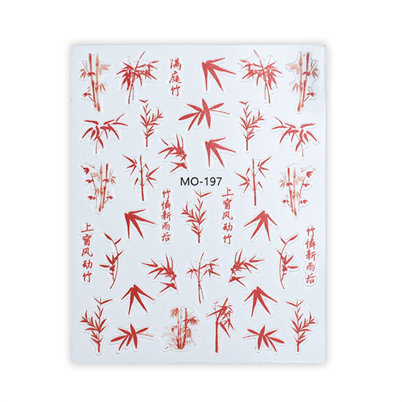Nueva moda nacional estilo antiguo tinta bambú uñas alivio pegatinas nuevo chino tinta bambú Lovesick frijol rojo 3D uñas pegatinas