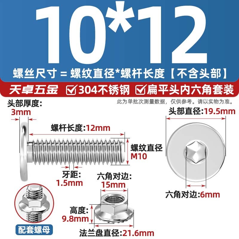 304不锈钢CM大平头超薄头C头扁平头内六角螺丝钉法兰边螺母套装M5|undefined
