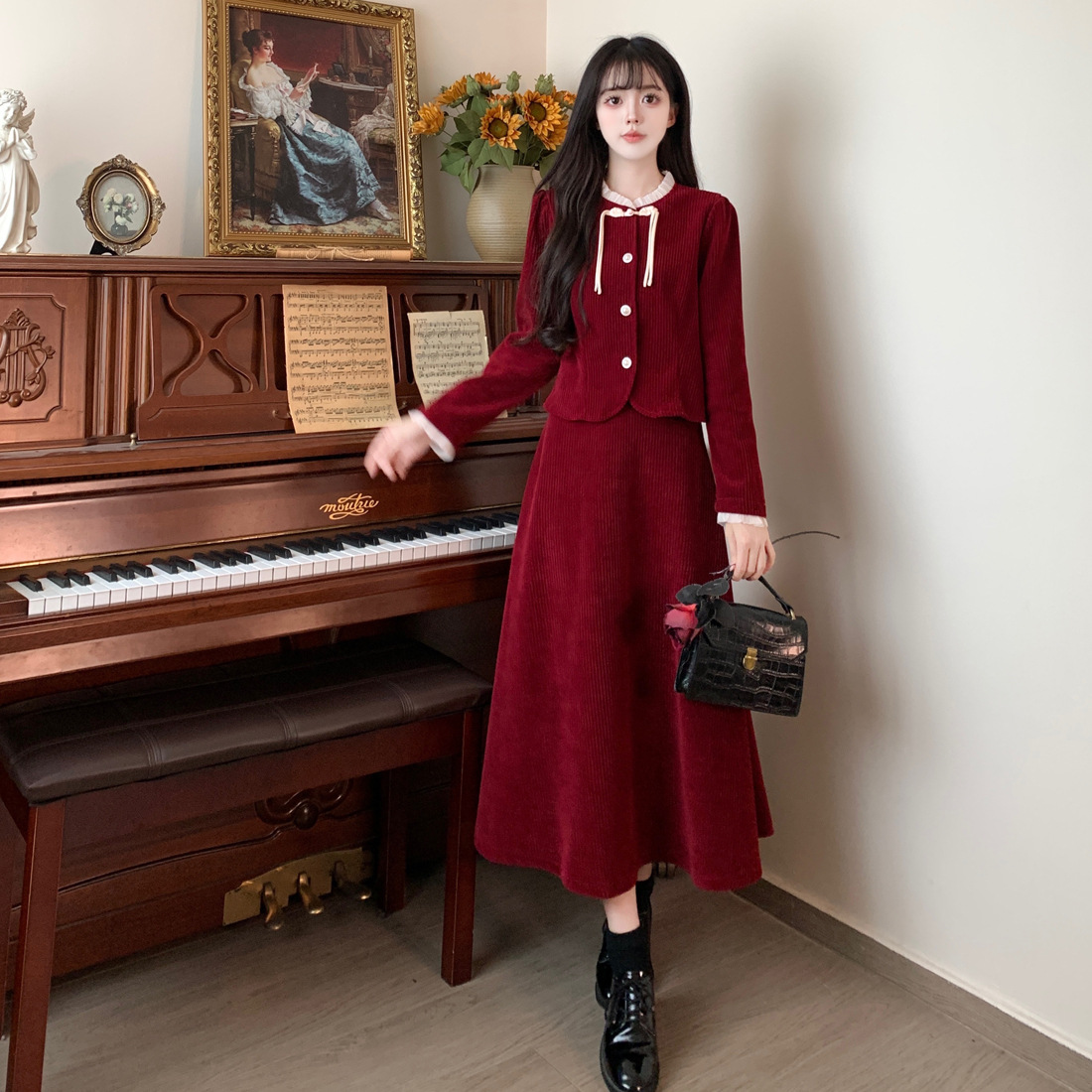 大码法式小香风红色灯芯绒时尚套装裙女秋冬气质显瘦半身裙两件套