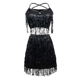 New European and American Adult Women Latin Dance Sequins Tassle Skirt Party Stage Dress Sexy Sling Short Skirt suit