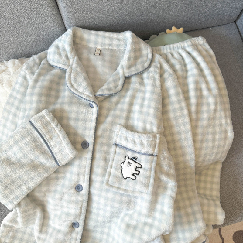 플란넬 가을과 겨울 새로운 귀여운 소녀 따뜻한 두꺼운 달콤한 고양이 고양이 느슨한 잠옷 세트 외부에서 착용 할 수 있습니다