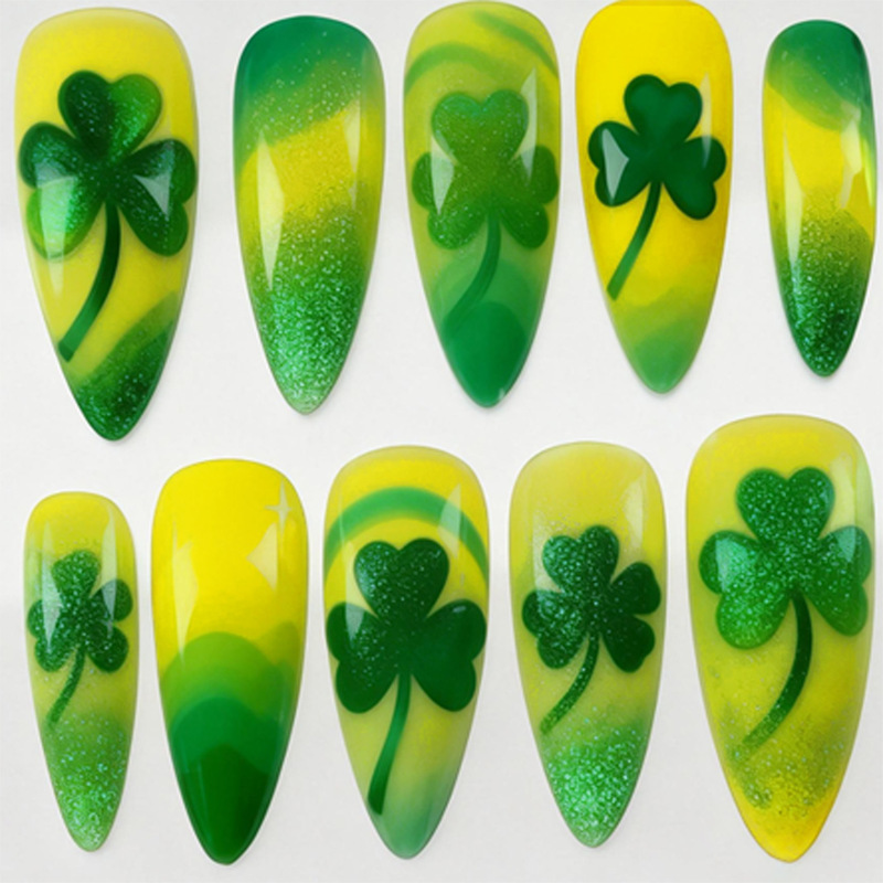 Cross-Border New St. Patrick's Day Green Clover Mid-Length Almond Glossy Wearable Nail Art Nail Stickers Cross-Border New St. Patrick's Day Green Clover Mid-Length Almond Glossy Wearable Nail Art Nail Stickers
