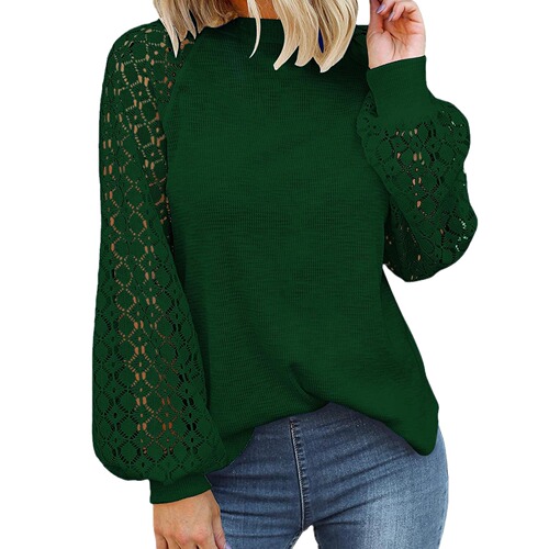 European and American New Independent Website Round-Neck Long-Sleeved Lace-Matching Loose Top for Women