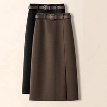 咖色复古毛呢a字半身裙女秋冬2025新款爆款西装中长裙开叉包臀裙