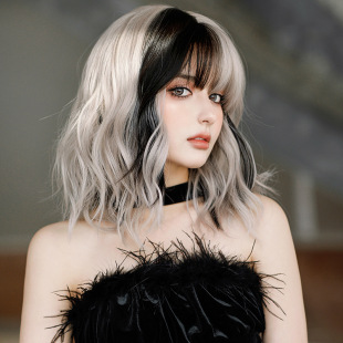 Factory wholesale wig female short curly hair silver gray powder simulation whole top full head cover wig Net Red live wig female