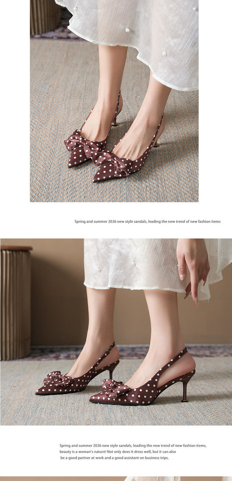 Sandal cao gót mũi nhọn bít mũi quai ngang chấm bi thắt nơ, gót 6–8 cm — Màu nâu, Màu trắng ngà, màu đen chi tiết 9