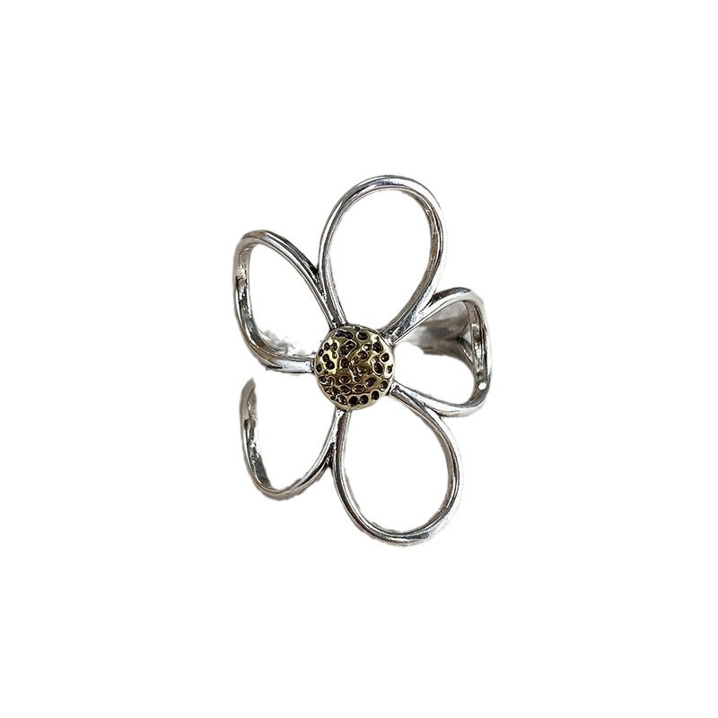 Viento frío, color de contraste de oro y plata, anillo abierto de margarita, diseño simple, anillo de sentido, nuevo producto, joyería de temperamento de moda exquisita