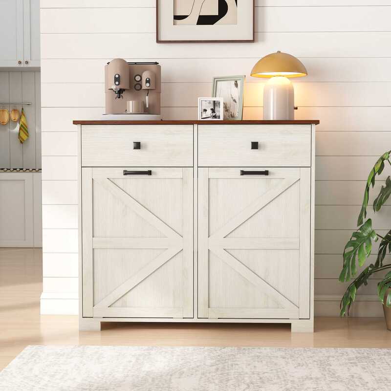 Kitchen trash cabinet with barn door, storage cabinet with hidden drawer, 20-gallon kitchen storage cabinet Kitchen trash cabinet with barn door, storage cabinet with hidden drawer, 20-gallon kitchen storage cabinet