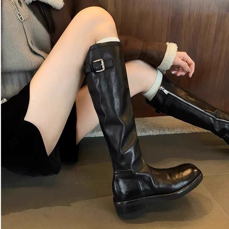 Выпуск из воловьей кожи ~ Виноградные сапоги для мам, винтажные рыцарские сапоги из выстиранной конской кожи на толстом каблуке и толстой подошве, женские осенне-зимние сапоги