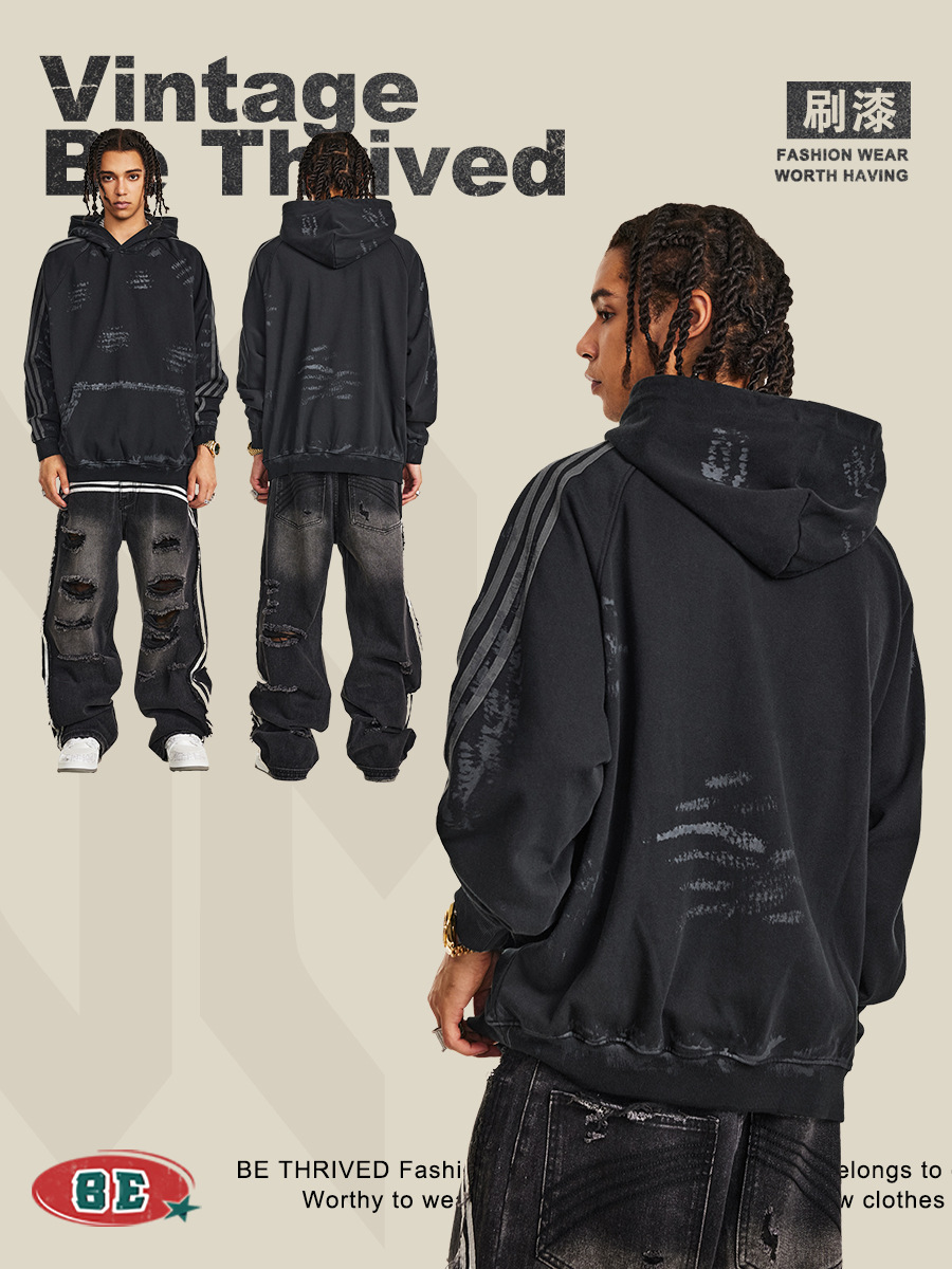 BE ropa de hombre | 2025 otoño e invierno Bajia tienda de compradores de alta calidad viento sucio pintado viejo retro suéter con capucha hombre image 4