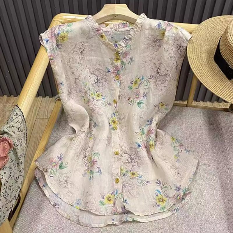Vintage Print Sleeveless Youthful Blouse 2025 Summer Ruffled Artistic Versatile Top Elegant Shirt for Women