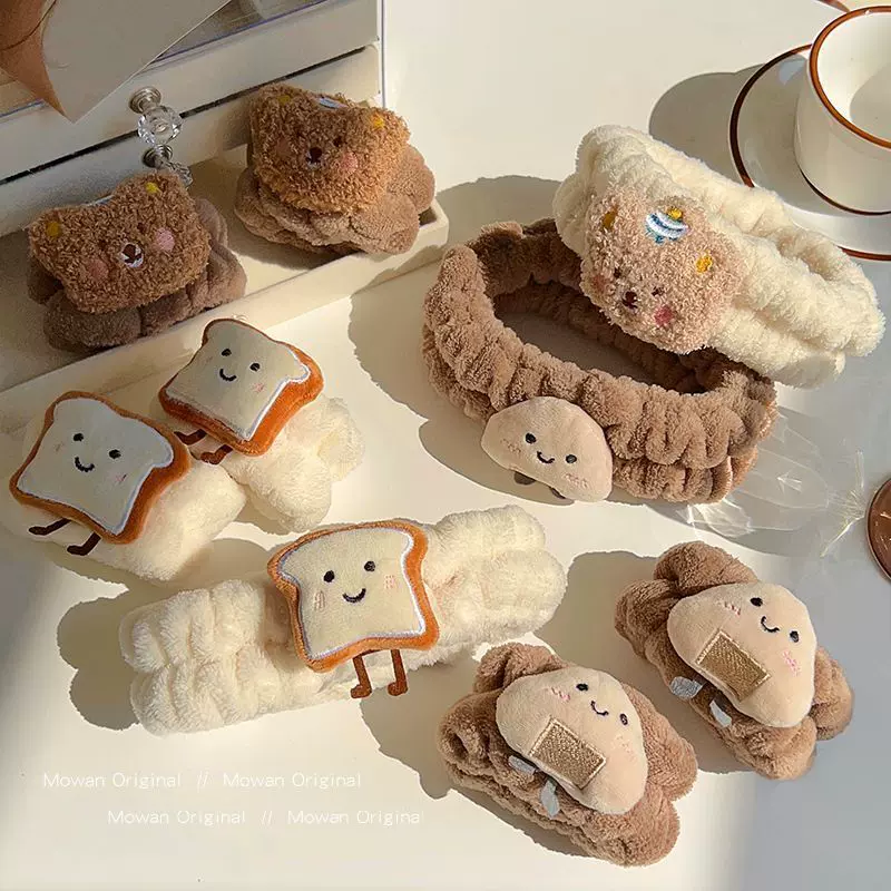 可爱芝士吐司洗脸手腕带防滴水防湿袖神器卡通洗漱毛绒发圈束发带