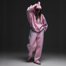 秋冬新款撞色拼接卫衣套装连帽长袖拉链外套女直筒运动休闲长裤女